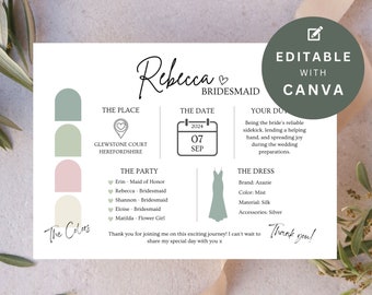 以下が含まれることがあります： 「Rebecca」と「Bridesmaid」の文字が入った結婚式の招待状。日付、場所、ドレスの情報などの詳細が含まれています。招待状はソフトなカラーパレットで、「Editable with Canva」の文字が入っています。