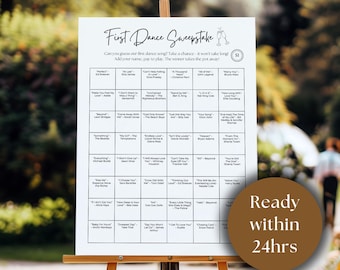 May include: A white board with a black frame and a brown easel stand. The board has a title that says "First Dance Sweepstake" and a grid of song titles. The text "Ready within 24hrs" is written on a brown circle.