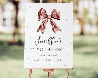 Pink Ribbon Bridal Shower Welcome Sign, She's Tying the Knot Decor, Editable Template, Blush Bow Design, Customizable Bow Bridal Shower Sign