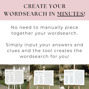 May include: Three white word search puzzles on easels with the text "Sip & Search" and "Wedding & Reception" at the top of each puzzle. The puzzles are set up outdoors in front of a green hedge.