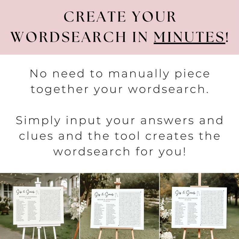 May include: Three white word search puzzles on easels with the text "Sip & Search" and "Wedding & Reception" at the top of each puzzle. The puzzles are set up outdoors in front of a green hedge.
