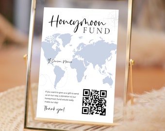 Signo de fondo de luna de miel con código QR único, signo de deseo de luna de miel, fondo de miel, signo de boda moderno con código QR Venmo, regalo en efectivo para bodas, plantilla editable