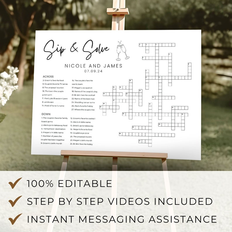 Custom Wedding Crossword Extra Large Minimalist Sip And Solve Puzzle For Wedding Giant Puzzle Custom Crossword Template Wedding Guest Games