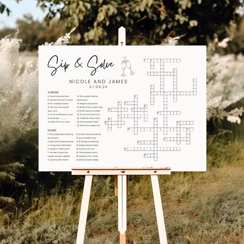 Wedding Crossword Puzzle Extra Large Minimalist Sip & Solve Giant Crossword Puzzle Personalized Bridal Shower Crossword Wedding Guest Games