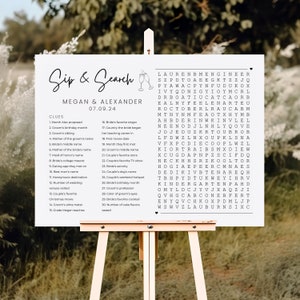 May include: A printable wedding game with a word search puzzle. The puzzle features the names Megan and Alexander and the date 07.09.24. The game is titled "Sip & Search" and includes a list of clues for the word search.