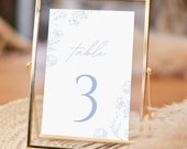 Wedding Table Number Sign, Floral Wedding Table Decor, Dusty Blue Wedding, Reception Signage, Editable Canva Template AZALEA
