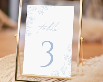 Wedding Table Number Sign, Floral Wedding Table Decor, Dusty Blue Wedding, Reception Signage, Editable Canva Template AZALEA