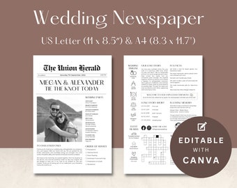 Może przedstawiać: Czarno-biały szablon gazety ślubnej ze zdjęciem pary na pierwszej stronie. Pierwsza strona zawiera nagłówek "Megan & Alexander Tie the Knot Today". Strona tylna zawiera harmonogram ślubu, historię miłosną, ciekawostki, krzyżówkę i tekst "Edytowalne w Canva".
