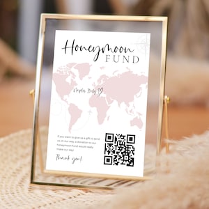 Signo de fondo de luna de miel con código QR, signo de deseo de luna de miel, mapa de Honeyfund, signo de boda moderno con código QR de Venmo, regalo en efectivo para bodas, editable, plantilla