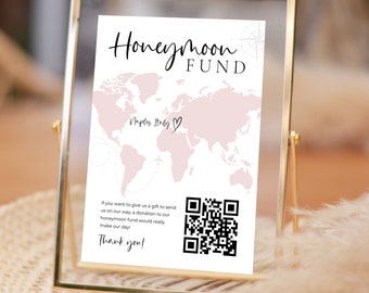 Signo de fondo de luna de miel con código QR, signo de deseo de luna de miel, mapa de Honeyfund, signo de boda moderno con código QR de Venmo, regalo en efectivo para bodas, editable, plantilla