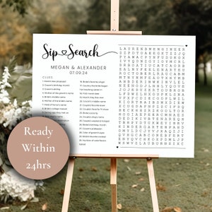May include: A printable wedding game with a pink heart and the text "Sip & Search" in a cursive font. The game is for Megan & Alexander and the date 07.09.24. The game is a word search with clues for the wedding guests to find.