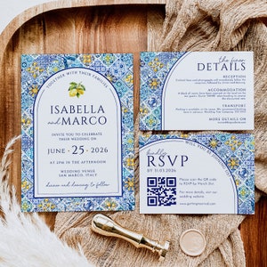 Mediterranean Wedding Invitation with QR Code, Blue Tiles Lemon Invite Template Tuscany Wedding, Spanish Tile, Instant Download, CHIARA