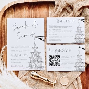 Skurrile Hochzeitseinladungs-Vorlage, Scribble Champagne Tower QR Code Einladung, Handgezeichnete Hochzeitseinladung, Sofort Download