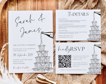 Whimsical Wedding Invitation Template, Scribble Champagne Tower QR Code Invitation, Hand Drawn Wedding Invitation, Instant Download