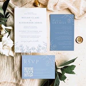 Floral Dusty Blue Minimalist Hochzeitseinladung Bundle bearbeitbare Vorlagen, Hochzeit Einladungs Set Antwort Antwort Antwort mit QR Code, Sofort Download AZALEA