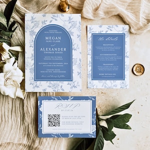 Toile Wedding Invite, Elegant Wedding Invitation Set, RSVP with QR, Blue Floral Porcelain Invitation Template, French Toile Wedding PEONY
