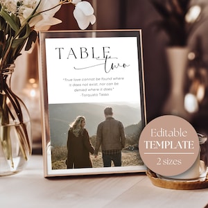 Números de mesa personalizados com citações, números de mesa editáveis com imagem, modelo de número de mesa de foto de casamento imprimível, sinalização de casamento