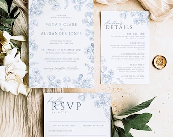 French Blue Wedding Invitation Template, Classic Editable Floral Design, Printable Wedding Suite for DIY Invite, Instant Download DAHLIA
