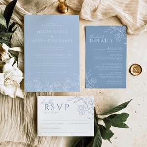 Suite de faire-part de mariage bleu cendré | Carte de détails sur le mariage | Rsvp imprimable | Téléchargement de modèle floral bleu | Téléchargement numérique | AZALÉE