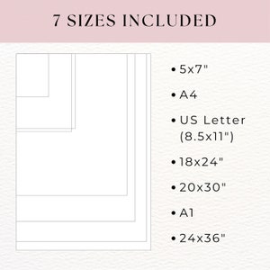 May include: A diagram showing seven different sizes of paper, including 5x7 inches, A4, US Letter (8.5x11 inches), 18x24 inches, 20x30 inches, A1, and 24x36 inches.