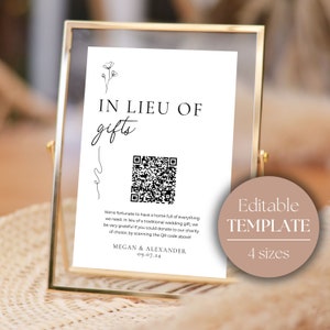 En lugar de regalos signo / donación de caridad de boda / señalización de boda de código QR / signo de regalo de caridad / plantilla de boda imprimible GRACE