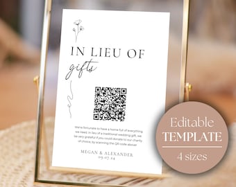 In Lieu Of Gifts Sign | Wedding Charity Donation | QR Code Wedding Signage | Charity Gift Sign | Printable Wedding Template GRACE