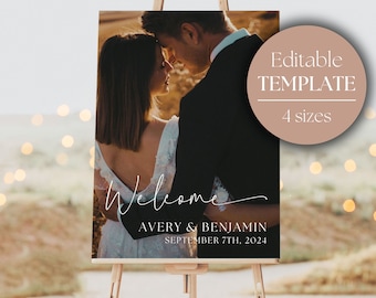 May include: A wedding welcome sign with a photo of a couple in front of a rustic background. The sign says "Welcome Avery & Benjamin September 7th, 2024".
