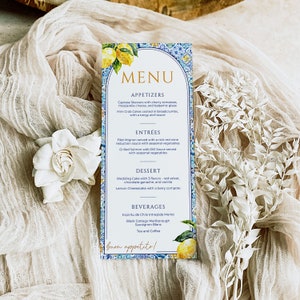 Włoskie menu weselne, śródziemnomorska cytryna i niebieskie kafelki, menu weselne z cytryną i cytryną w Amalfi, edytowalne natychmiastowe pobranie, CHIARA
