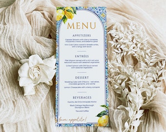 Italienisches Hochzeitsmenü, mediterranes Zitronen- und Blaukachel-Menükarte, Amalfi-Hochzeits-Zitronen-Menü, bearbeitbarer Sofort-Download, CHIARA