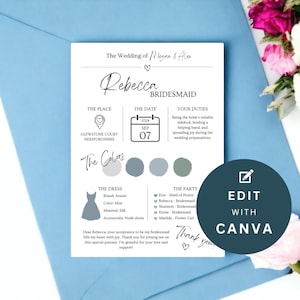 Editable Bridesmaid Info Card, Canva Template | Maid of Honor Card | Bridesmaid Information Card | Bridal Party Details | Instant Download
