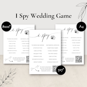J'espionne le jeu des invités de mariage | Jeux de table de mariage | J’espionne le modèle | Jeu de chasse aux photos avec hashtag de mariage | Carte de jeu de mariage | Modèle Canva