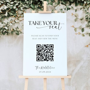 Tabla de asientos de boda con código QR / Plan de tabla de asientos digital moderno / Plan de mesa Código QR escaneable / Encuentre su letrero de asiento / Descarga instantánea