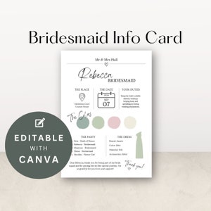 Editable Bridesmaid Info Card, Canva Template | Maid of Honor Card | Bridesmaid Information | Bridal Party Details | Instant Download