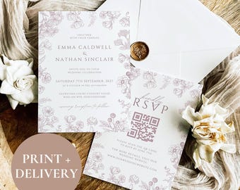Pink Toile Wedding Invitation Printed, Elegant Floral Bridal Shower Template, Editable Chinoiserie Invite Vintage Design DAHLIA