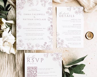 Dusky roze toile bruiloft uitnodigingssuite RSVP met QR, elegante bloemen bruids douche uitnodiging bundel bewerkbare sjabloon, chinoiserie DAHLIA