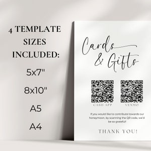 K&ouml;nnte beinhalten: Ein druckbares Schild mit dem Text "Cards & Gifts" und zwei QR-Codes mit den Bezeichnungen "Cash App" und "Venmo". Der Text unter den QR-Codes lautet: "Wenn Sie zu unseren Flitterwochen beitragen m&ouml;chten, scannen Sie den QR-Code. Wir w&auml;ren Ihnen sehr dankbar! Vielen Dank!"