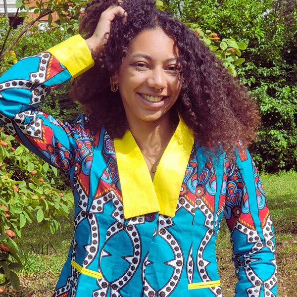 Ensemble multicolore pantalon et veste en wax, veste imprimée africaine, Veste unique en wax , tissu imprimé africain
