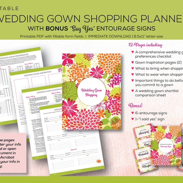 Printable Wedding Gown Shopping Planner, Bridal Gown Shopping Checklists & Tips, Bonus "Say Yes" signs - PDF/Digital Download