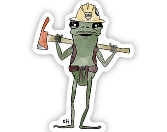 May include: A green frog wearing a yellow hard hat with the letters "OAH" on it, holding a red-handled axe over its shoulder. The frog is wearing a brown backpack and a brown belt. The frog is standing on a white background.