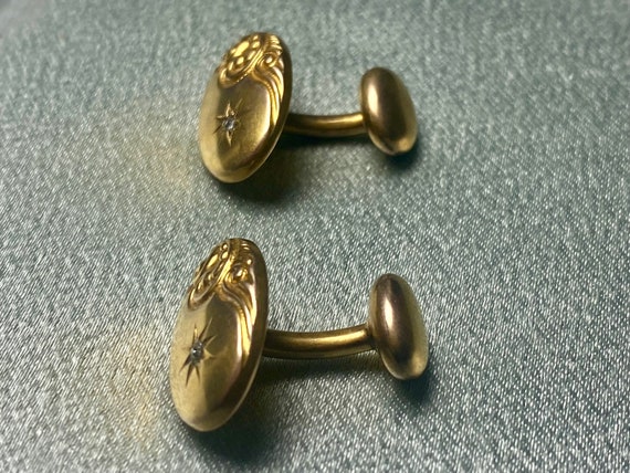 Mens Vintage Gold Tone Metal Diamond Cufflinks Wi… - image 3