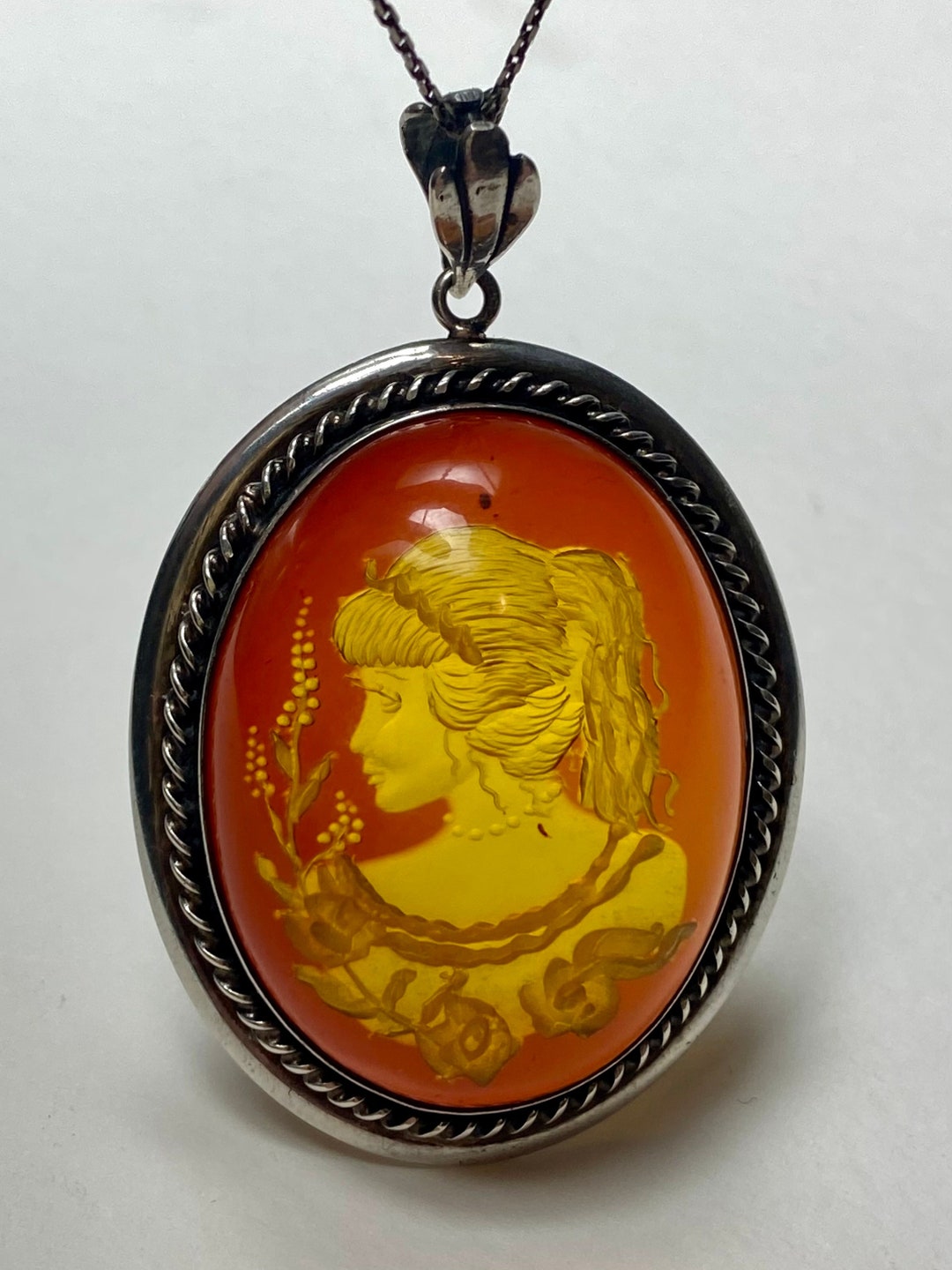 Vintage Reverse Carved Cameo Sterling Silver Pendant Faux Amber - Etsy