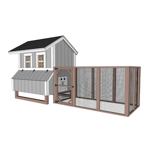 Op de afbeelding: Een grijze en witte houten kippenhok met een zwart dak en een grote, rechthoekige draadomheining. Het hok heeft twee ramen en een nestkast. De omheining is aan het hok bevestigd en heeft een houten deur.