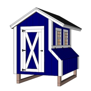 May include: A blue and white chicken coop with a white door and two windows. The coop has a nesting box and a ramp for the chickens to enter.