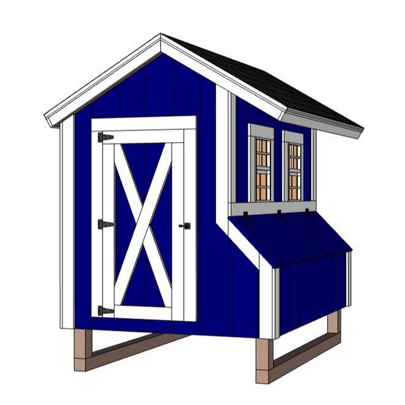 May include: A blue and white chicken coop with a white door and two windows. The coop has a nesting box and a ramp for the chickens to enter.
