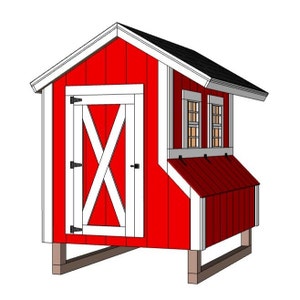 May include: A red and white chicken coop with a nesting box and a door. The coop has a gabled roof and is raised off the ground on wooden posts.