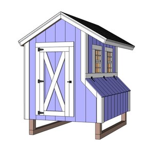 May include: A blue and white chicken coop with a white door and two windows. The coop has a metal roof and a metal nesting box.