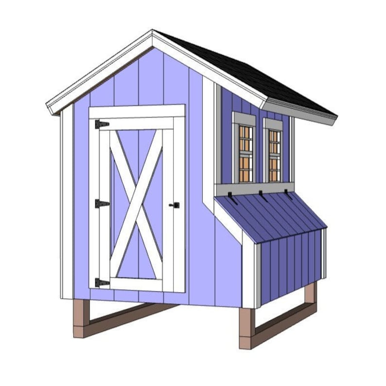 May include: A blue and white chicken coop with a white door and two windows. The coop has a metal roof and a metal nesting box.