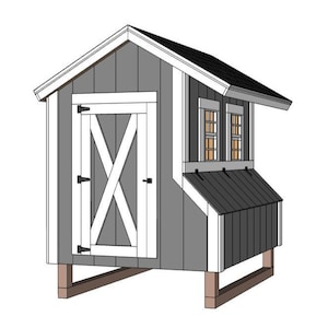 May include: A gray and white chicken coop with a white door and two windows. The coop has a black metal roof and a nesting box.