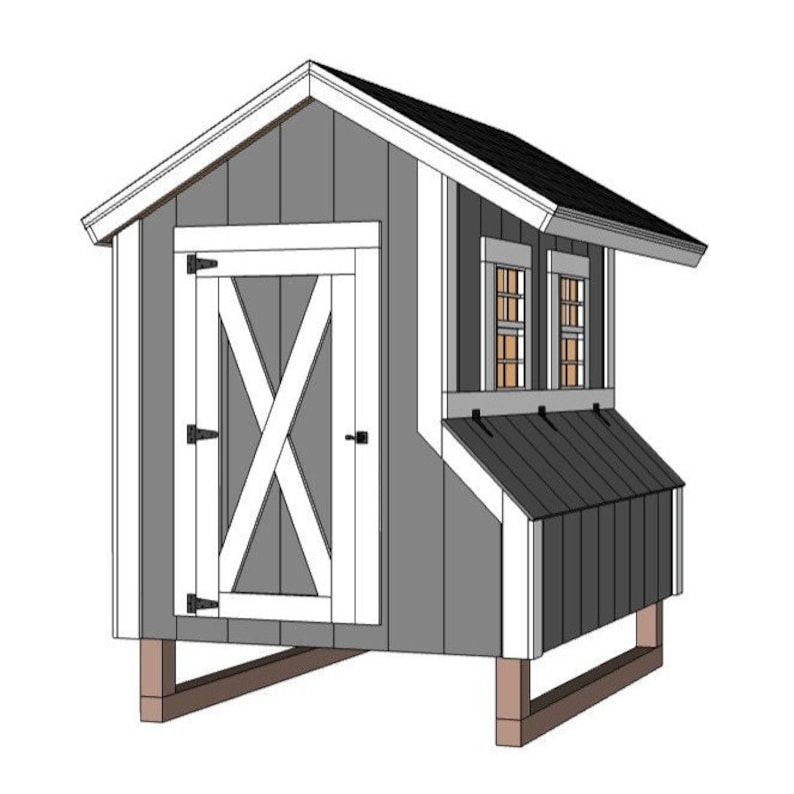May include: A gray and white chicken coop with a white door and two windows. The coop has a black metal roof and a nesting box.