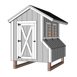 May include: A white and gray wooden chicken coop with a gabled roof, a white door with an X-shaped design, two small windows, and a nesting box. The coop is raised on wooden legs.